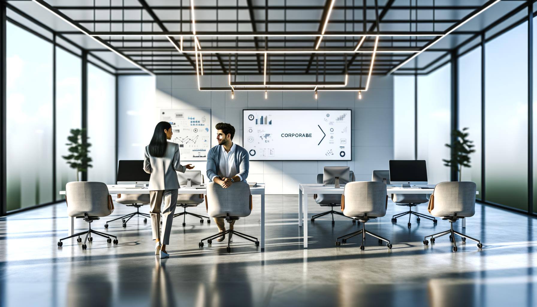 This image encapsulates a contemporary office setting brimming with sleek, minimalist furniture. A prominent digital screen features a generic corpora